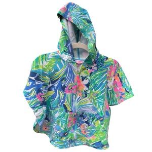 Lilly Pulitzer Ashlee Swim Hooded Cover Up Poncho Tropical Print Short Sleeves